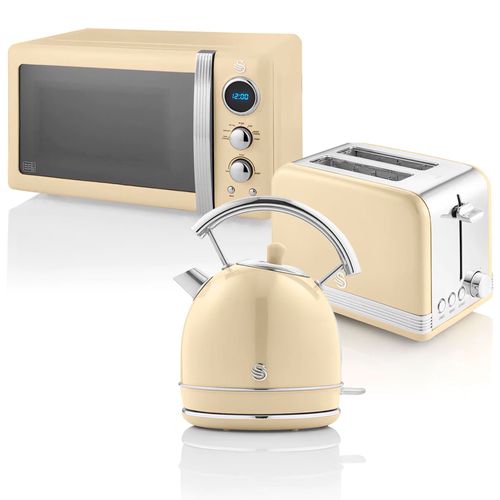 Retro Set Petit-Déjeuner Bouilloire 1,8L Grille-Pain 2 Tranches Micro-ondes 20L, 850W, Crème, SWAN, STRP2070CNEU