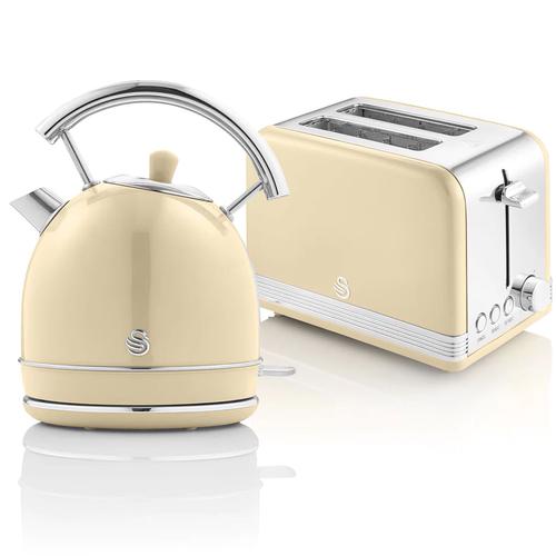 Retro Set Petit-Déjeuner Bouilloire 1,8L Sans fil, Grille-Pain 2 Larges Tranches, 850W, Crème, SWAN, STP7050CNEU