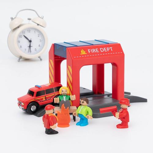couleur caserne de pompiers Jeu de rails en bois, pont, poste de Police, voiture pour enfants, jouets moulés sous pression pour garçons