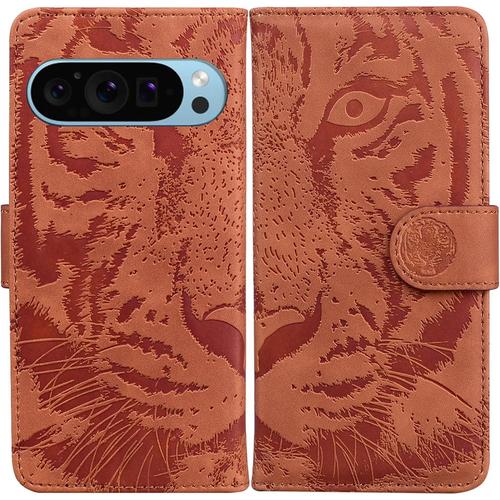 Coque Pour Google Pixel 9 Pro 5g, Gaufrage Tigre Housse De Protection Anti-Choc Avec Magnétique Carte Fentes Etui Google Pixel 9 Pro 5g Coque À Rabat Pochette Portefeuille En Cuir Pu, Marron