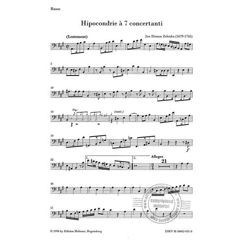 Jan Dismas Zelenka, Hipocondrie À 7 Concertanti, Partie Séparé Pour Violoncelle Ou Contrebasse
