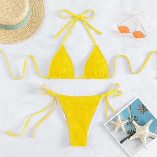 Maillot De Bain En Tissu Piqué Sexy Bikini Couleur Pure Maillot De Bain Fendu Pour Femme Taille Plus