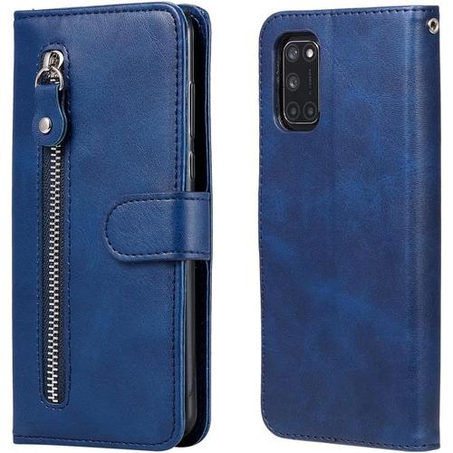 Coque Pour Oppo A72 4g Étui 2 Fermeture Éclair Rabat Porte Portefeuille 3 Fentes Pour Cartes Stand Support Magnétique Béquille Amovible Pu 360° Antichoc 2& Verre Trempé,Bleu