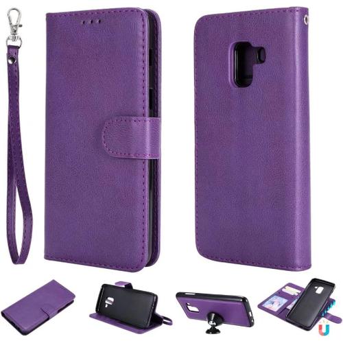 Coque Pour Samsung Galaxy A8 2018 Étui Rabat Porte Portefeuille 3 Fentes Pour Cartes Stand Support Magnétique 2 En 1 Amovible 360° Antichoc 2& Verre Trempé,Violet