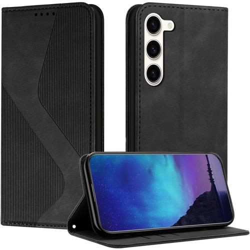 Coque Pour Samsung Galaxy S23, Coque Samsung S23, Housse Samsung S23, Housse En Cuir Pu Pochette Portefeuille Étui Magnétique Etui De Protection, Flip Case Pour Galaxy S23 Noir