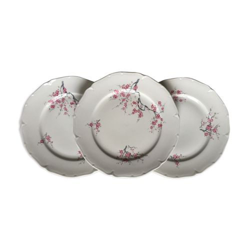 Lot De 3 Assiettes Plates En Porcelaine De Sologne Decor Rose Rose