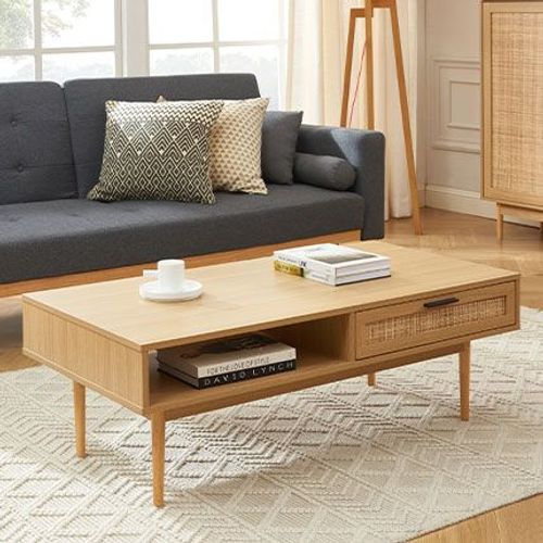 Table Basse 2 Tiroirs 115x60x40 Cm Naturel Avec Cannage - Aretha