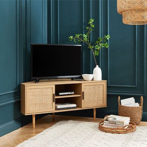 Meuble Tv D'angle 115x55x55 Cm Naturel Avec Cannage - Aretha