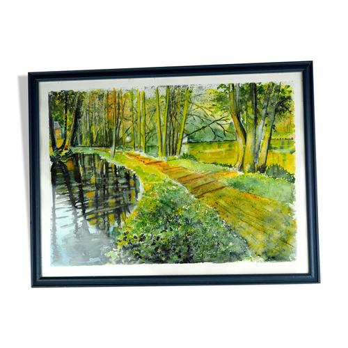 Chemin forestier sur le lac aquarelle crayonn et touches daposhuile sur papier vert