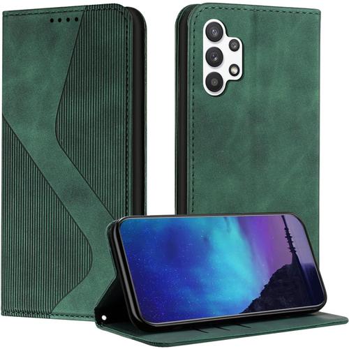 Coque Pour Samsung Galaxy A32 5g, Coque Samsung A32 5g, Housse Samsung A32 5g, Housse En Cuir Pu Pochette Portefeuille Magnétique Etui De Protection Flip Case Pour Galaxy A32 5g Vert