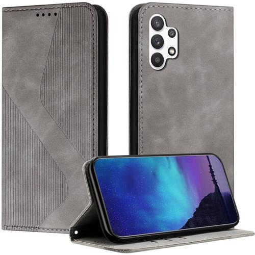 Coque Pour Samsung Galaxy A32 5g, Coque Samsung A32 5g, Housse Samsung A32 5g, Housse En Cuir Pu Pochette Portefeuille Magnétique Etui De Protection Flip Case Pour Galaxy A32 5g Gris