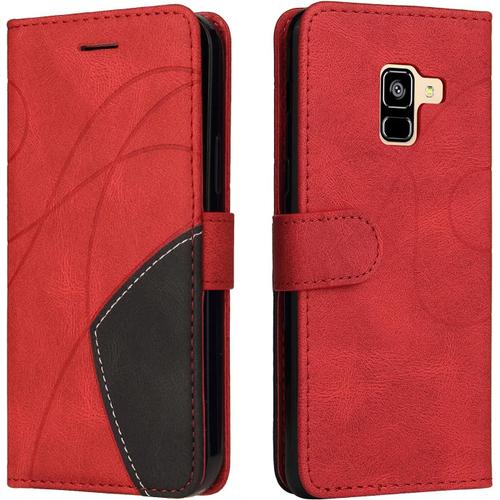 Coque Pour Samsung Galaxy A8 2018 / A5 2018, Etui En Cuir Pu Portefeuille Housse Fermeture Magnétique Und Protection Case Avec Antichoc Tpu, Etui À Rabat, Fentes Pour Cartes Rouge