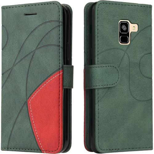 Coque Pour Samsung Galaxy A8 2018 / A5 2018, Etui En Cuir Pu Portefeuille Housse Fermeture Magnétique Und Protection Case Avec Antichoc Tpu, Etui À Rabat, Fentes Pour Cartes Vert