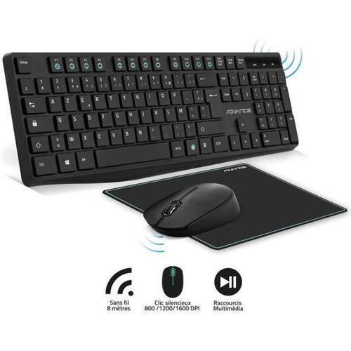 Pack 3en1 clavier souris tapis sans fil 2.4G, clavier 12 touches raccourcis type slim et soft touche, souris 800/1200/1600 DPI