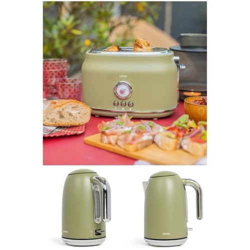 PACK DEJEUNER Bouilloire Rétro Vintage Inox Vert 1.7L 2200W + Grille pain Electrique Rétro Vert 815W 2 FENTES