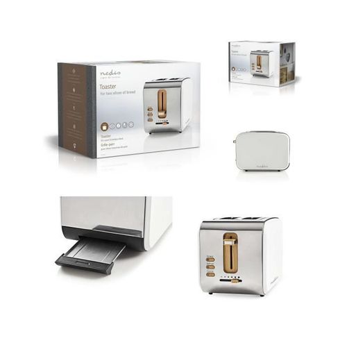 Grille-pain 2 Fentes Larges 900W Bois et acier Doux au toucher Blanc pour muffins bagels cadeau de cuisinel