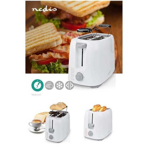 Grille pain Toaster 2 fentes 750W Thermostat réglable: 7 Fonction de dégivrage Support à pain Blanc