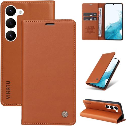 Coque Pour Samsung Galaxy S23,Housse De Protection Etui À Rabat Premium En Cuir Pu Pochette De Portefeuille Fermeture Magnétique Case Avec Samsung Galaxy S23 -Brun