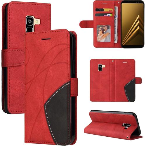 Coque Pour Samsung Galaxy A8 2018, Cuir Multifonction, Antivol,Pochette De Portefeuille,Fermeture Magnétique Flip Case Pour Samsung Galaxy A8 2018 - Rouge