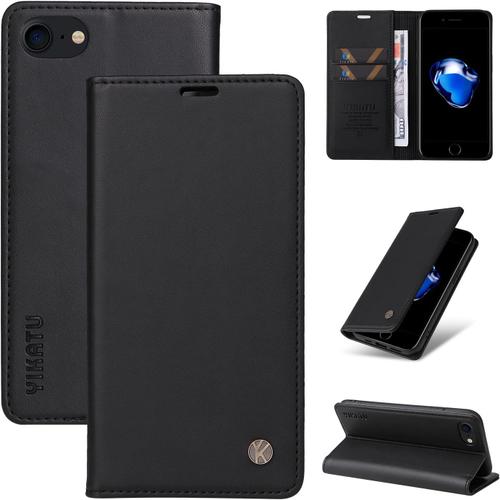 Coque Pour Iphone 6/7/8/Se 2020/Se 2022,Housse De Protection Etui À Rabat Premium En Cuir Pu Pochette De Portefeuille Fermeture Magnétique Pour Iphone 6/7/8/Se 2020/Se 2022 - Noir