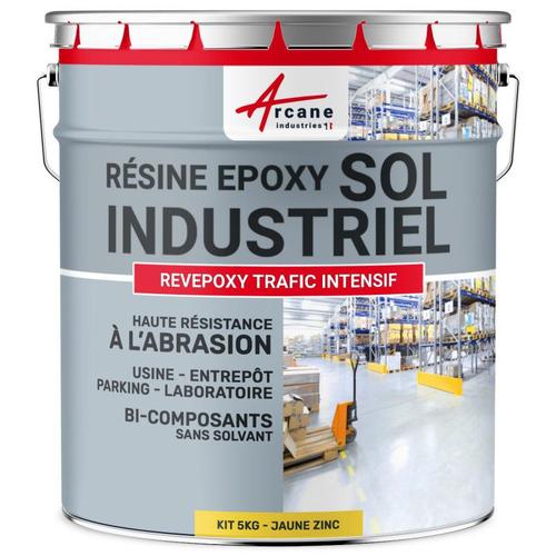 PEINTURE SOL : Résine Epoxy - Revêtement Sol Industriel et Sol Béton, usine, parking - REVEPOXY TRAFIC INTENSIF Jaune zinc ral 1018 kit 5 Kg (jusqu'à 10m² pour 2 couches)