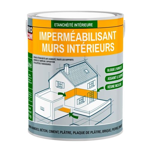 Peinture d'étanchéité, imperméabilisante - murs intérieurs, platres, pierres, briques, ciment, béton durcisseur PROCOM 2.5 litres Incolore