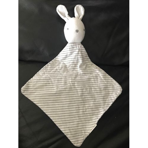 Doudou Lapin Coton Plat Carré Obaibi Okaidi Blanc Rayé Gris Pois 35cm