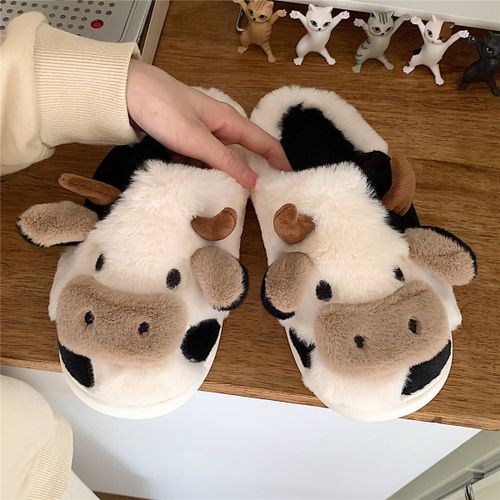 Doux Mignon Fille Coeur Vache Baotou Pantoufles En Coton Filles D'hiver Peluche Chaude