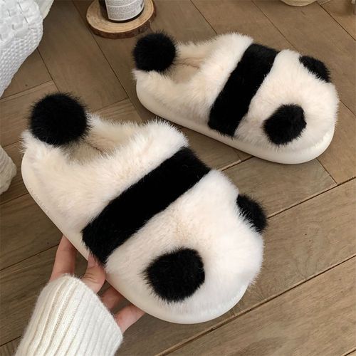 Dessin Animé D'hiver Pour Femmes Mignon Panda En Peluche Baotou Coton Pantoufles Chaussures À Semelle Souple Chaude