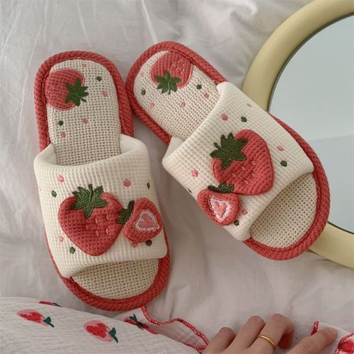 Printemps Et Automne Fraise Fond Souple Quatre Saisons Lin Sandales Et Pantoufles Fille Coeur Muet Coton Plat Chanvre Pantoufles Femme