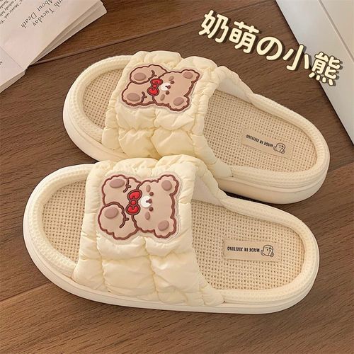 Filles Quatre Saisons Universelles Douces Mignon Ours Pantoufles En Lin Doux Doux À Semelles Épaisses Chaussures De Sol