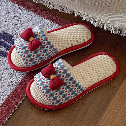 Femmes Printemps Bowknot Coton Lin Sandales Quatre Saisons Chambre Muet Fond Doux Pantoufles En Lin