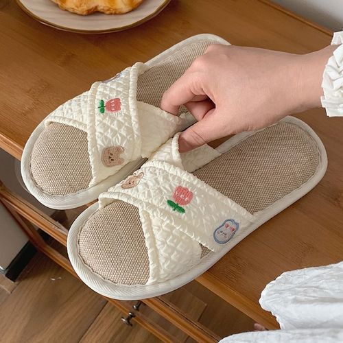 Pantoufles De Lin Croisées De Fleurs Mignonnes Pour Femmes Quatre Saisons Universelles Maison Chambre Confortable Pantoufles De Sol