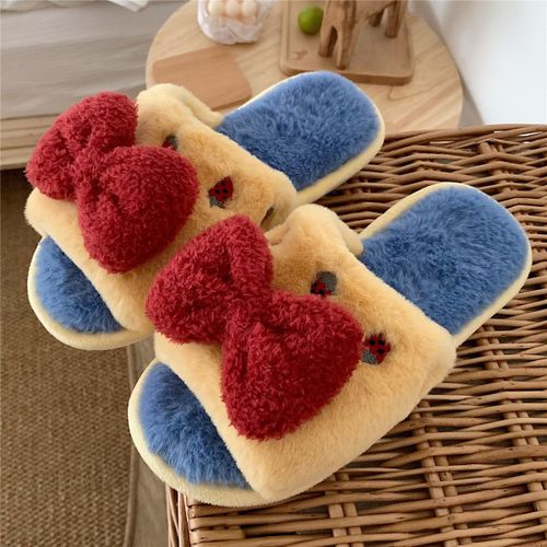 Pantoufles En Coton Style Princesse Bowknot Automne Et Hiver Avec De Jolies Chaussures En Peluche Mot Coeur Girly Pour Femmes