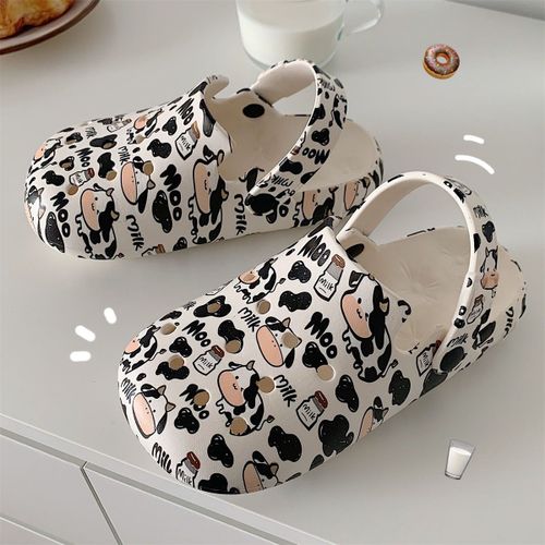 Pantoufles De Plage Pour Femmes En Bord De Mer Fond Épais Doux Dessin Animé Mignon Fille Coeur Lait Vache Cave Chaussures