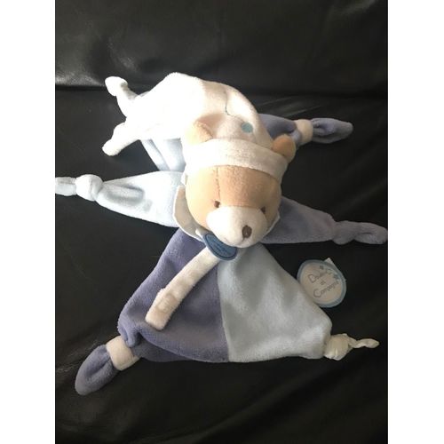 Doudou Plat Ours Petit Chou Doudou Et Compagnie Attache Tétine Bleu Et Blanc 19cm