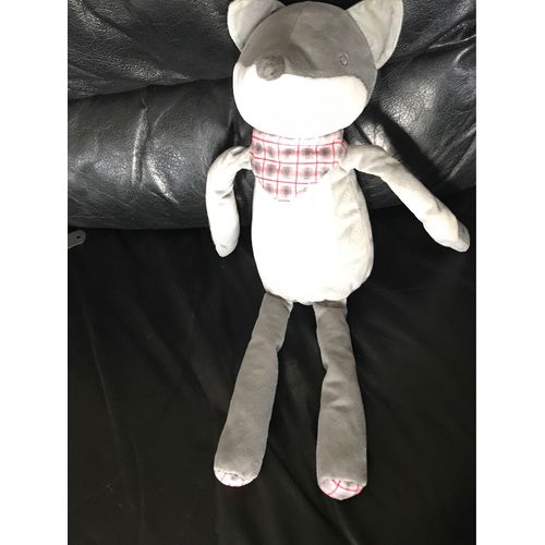 Doudou Obaibi Peluche Loup Gris Blanc Bandana Rayé Gris Rouge  40cm