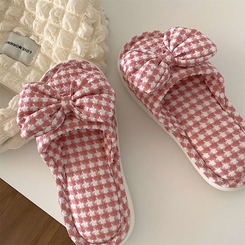 Sandales Et Pantoufles En Lin N¿Ud Papillon À Carreaux Four Seasons Pantoufles Muettes En Coton Et Lin Pour Chambre À Coucher Universelles Pour Femmes