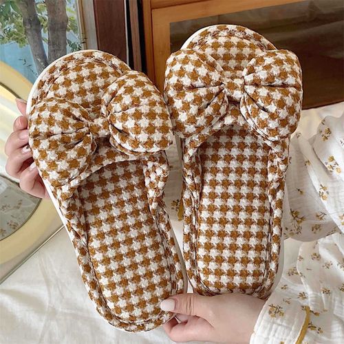 Sandales Et Pantoufles En Lin N¿Ud Papillon À Carreaux Four Seasons Pantoufles Muettes En Coton Et Lin Pour Chambre À Coucher Universelles Pour Femmes