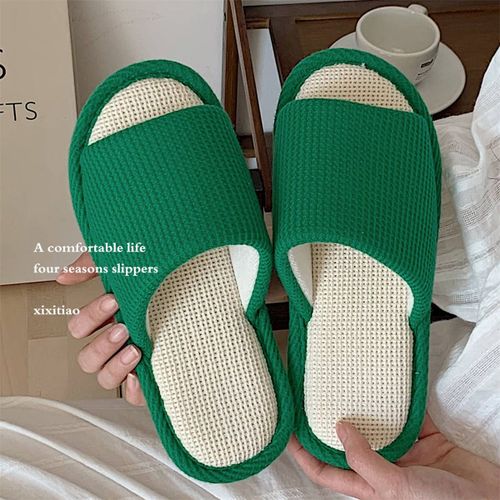 Sandales En Coton Et Lin Absorbant La Transpiration Pour Filles Pour Quatre Saisons Avec Des Pantoufles En Lin Gaufré Silencieux De Couleur Pure