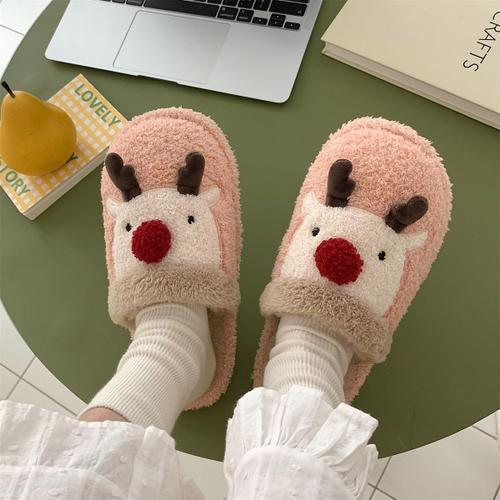 Chaussures En Peluche De Dessin Animé Mignon Pour Les Femmes Pantoufles Chaudes En Coton D'hiver De Wapiti De Noël Pour Les Femmes