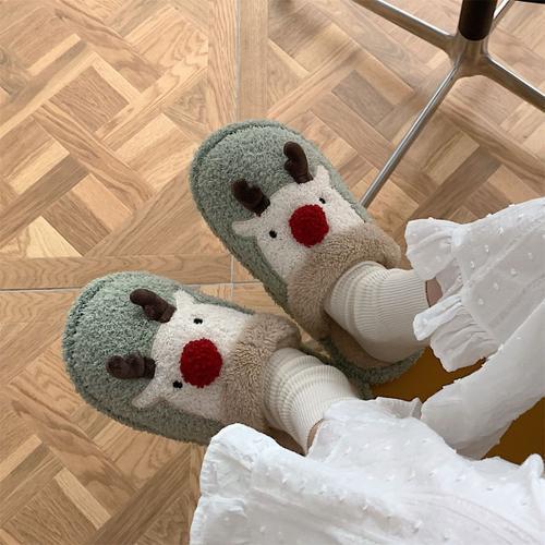 Chaussures En Peluche De Dessin Animé Mignon Pour Les Femmes Pantoufles Chaudes En Coton D'hiver De Wapiti De Noël Pour Les Femmes