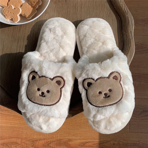 Chaussons En Coton Ours Coeur Pour Filles Automne Et Hiver Pour Femmes Mignons Chauds Pantoufles En Fourrure Un Mot