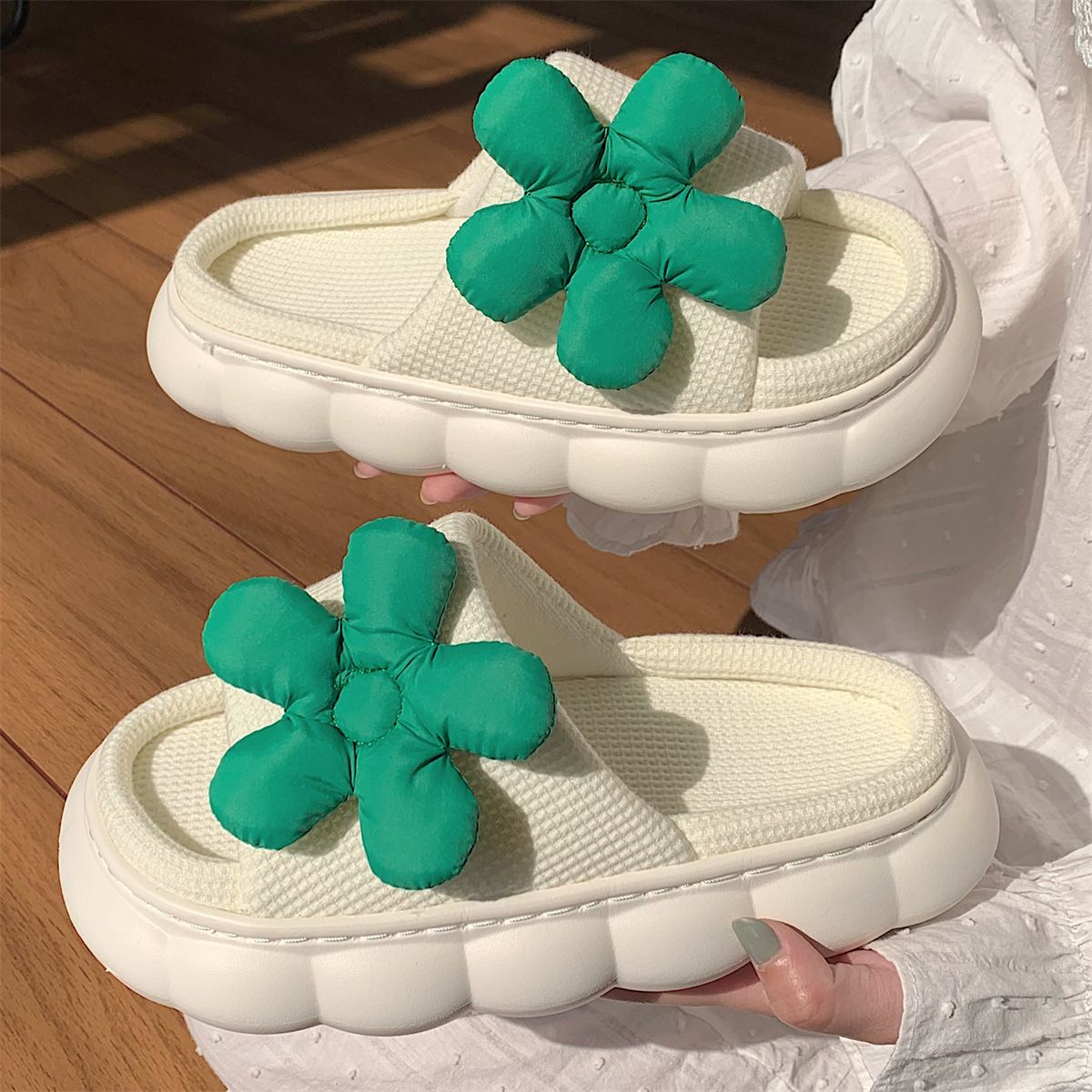 Petites Pantoufles En Lin  Fleurs Vertes Quatre Saisons Uni... - 3