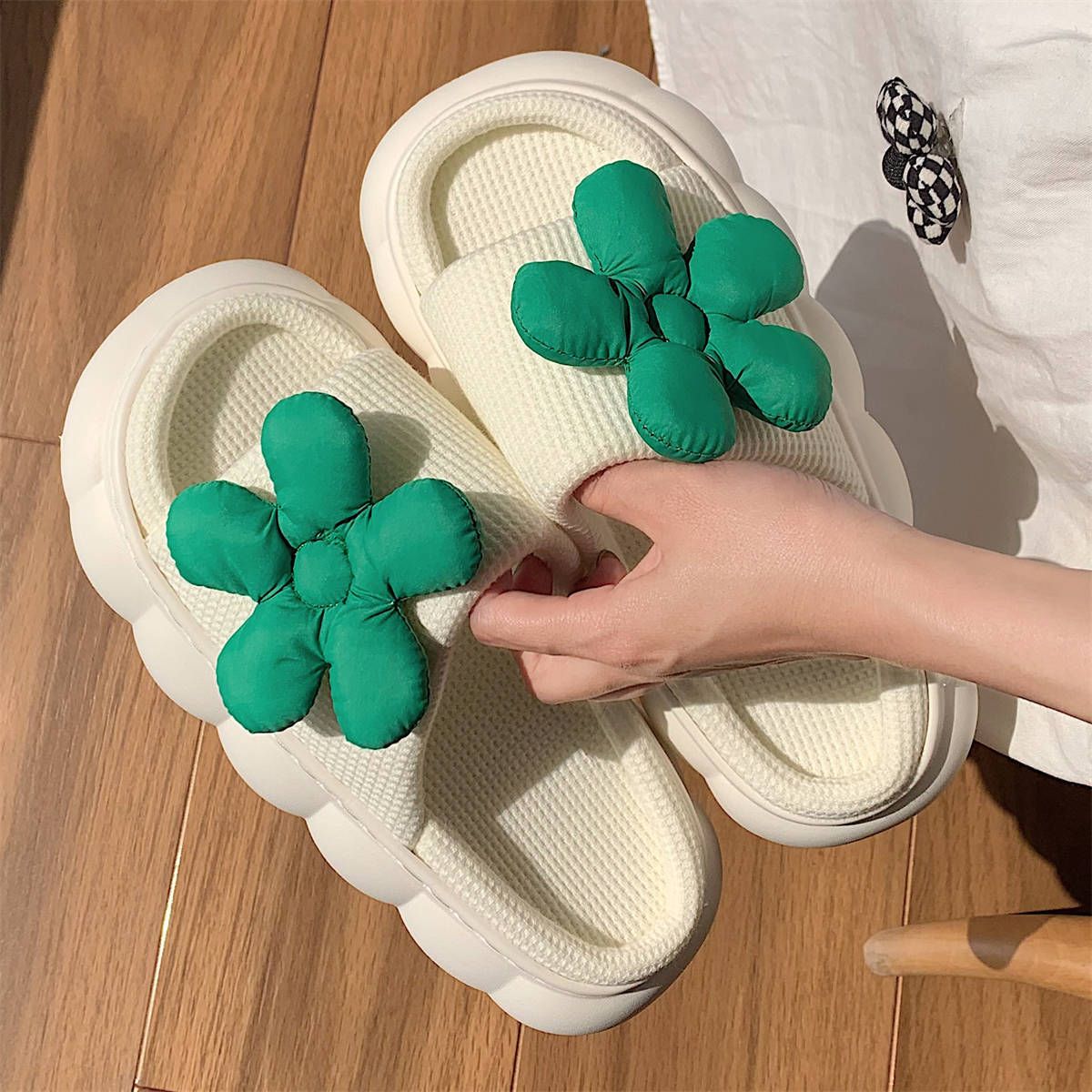 Petites Pantoufles En Lin  Fleurs Vertes Quatre Saisons Uni... - 5