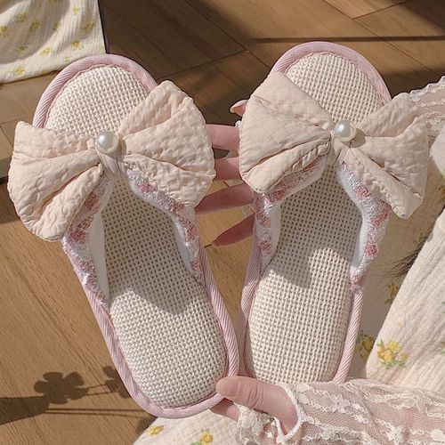 Four Seasons General Household Soft Bottom Floor Coton Lin Pantoufles Femme Bowknot Girl Heart Linen Pantoufles