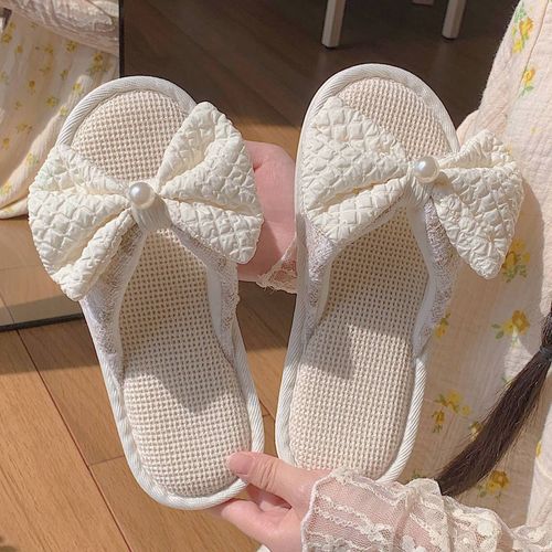 Four Seasons General Household Soft Bottom Floor Coton Lin Pantoufles Femme Bowknot Girl Heart Linen Pantoufles