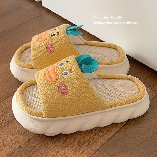 Pantoufles En Lin De Coeur De Fille Mignonne Enfantine Printemps Et Automne Quatre Saisons Sandales En Coton Et Lin À Fond Épais Et Doux