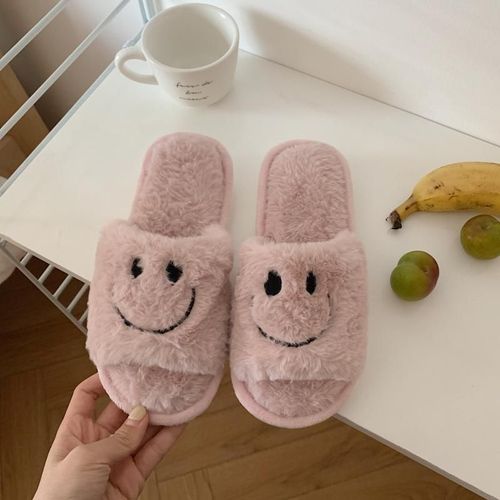 Dessin Animé Mignon Souriant Visage Coton Pantoufles Femmes Automne Et Hiver Chaud Ménage Coton Pantoufles