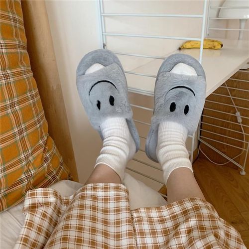 Dessin Animé Mignon Souriant Visage Coton Pantoufles Femmes Automne Et Hiver Chaud Ménage Coton Pantoufles